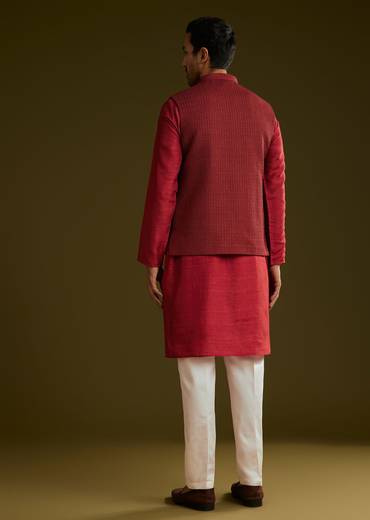 Red Rayon Kurta Jacket Set
