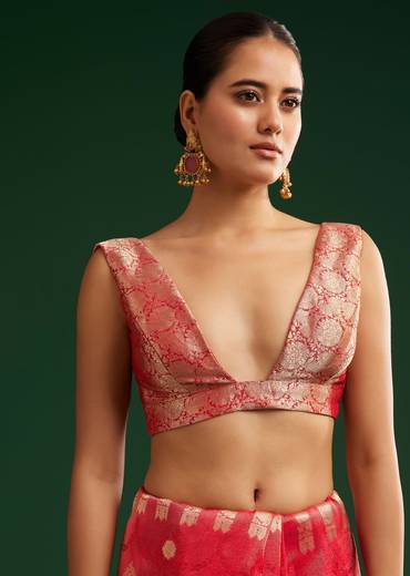 Red Saree With Zari Motif and Heavy Embroidered Blouse