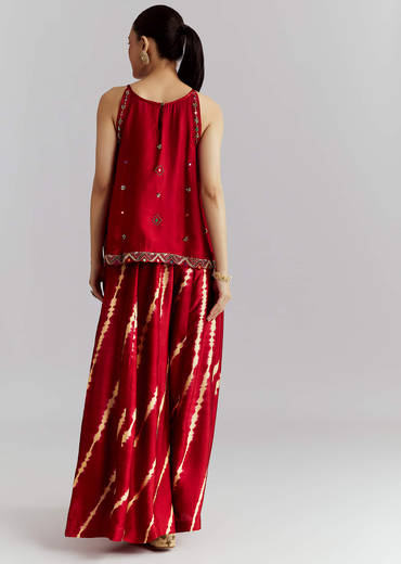 Red Satin Co Ord Set With Bandhani And Leheriya Print