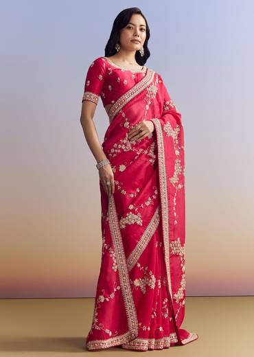 Red Satin Saree With Full Jaal Embroidery