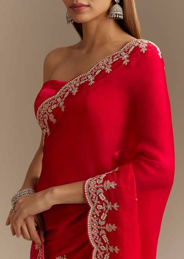 Red Satin Saree With Zardosi Embroidery And Scallop Border