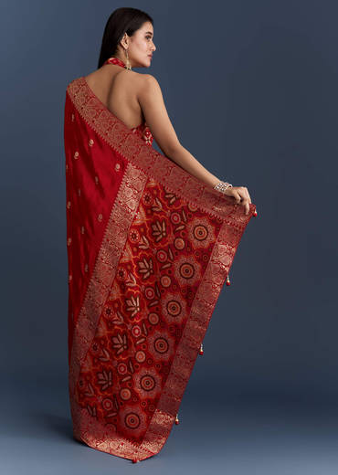Red Satin Woven Saree With Floral Motif Work