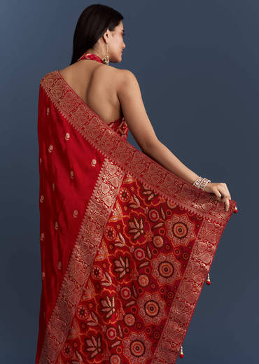 Red Satin Woven Saree With Floral Motif Work