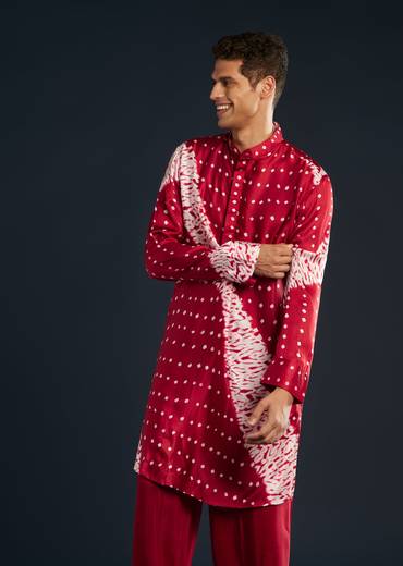 Red Shibori and Bandhani Print Kurta Set