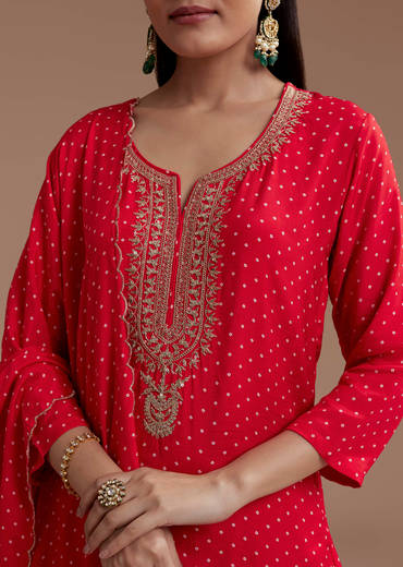 Red Silk Bandhani Print Kurta Set with Zari Work