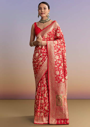 Red Silk Handwoven Banarasi Saree With Floral Zari Jaal Work