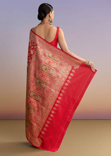 Red Silk Handwoven Banarasi Saree With Floral Zari Jaal Work