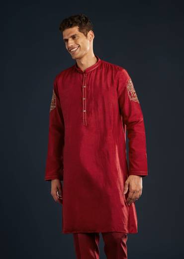 Red Silk Jacket Kurta Set With Cutdana Work