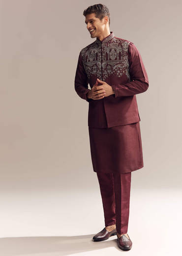 Red Silk Kurta Jacket Set For Men With Heavy Hand Work