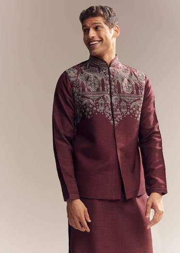Red Silk Kurta Jacket Set For Men With Heavy Hand Work