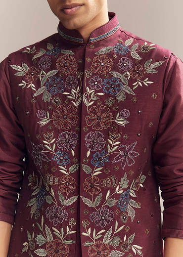 Red Silk Kurta Jacket Set For Men With Resham Embroidery