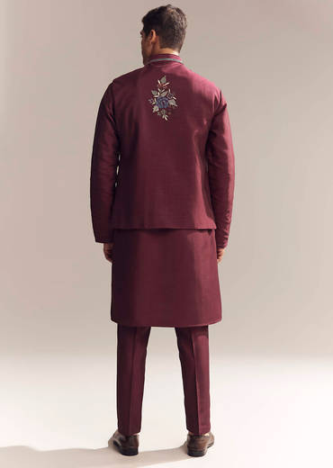 Red Silk Kurta Jacket Set For Men With Resham Embroidery