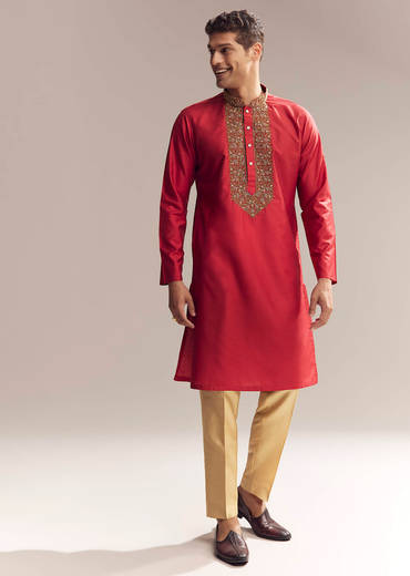 Red Silk Kurta Set For Men With Aari And Resham Knots