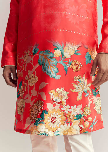 Red Silk Kurta Set For Men With Floral Print