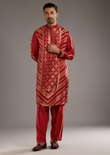 Red Silk Kurta Set For Men With Handwoven Jacquard Work
