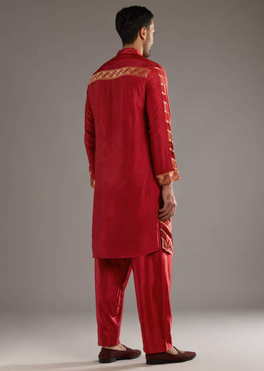 Red Silk Kurta Set For Men With Handwoven Jacquard Work