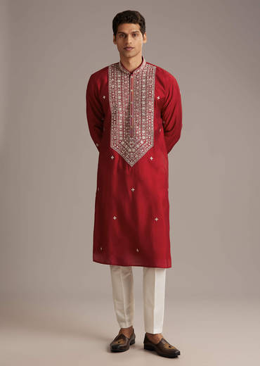 Red Silk Kurta Set For Men With Mirror And Thread Work