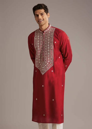 Red Silk Kurta Set For Men With Mirror And Thread Work