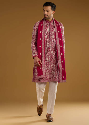 Red Silk Kurta Set For Men With Resham Embroidery