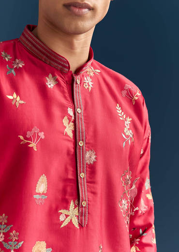Red Silk Kurta Set For Men With Thread Embroidery