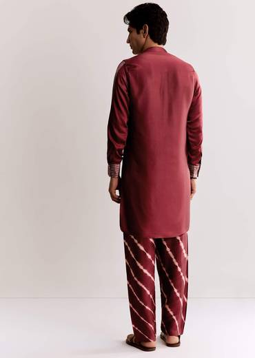 Red Silk Kurta Set With Ajrakh Print