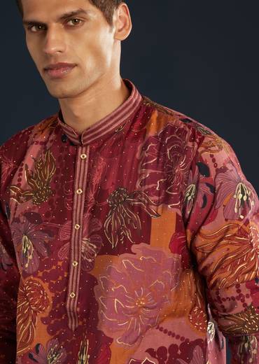 Red Silk Kurta Set With Foil Work