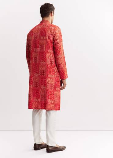 Red Silk Kurta Set With Mandarin Collar