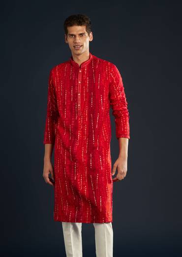 Red Silk Kurta Set with Resham Work