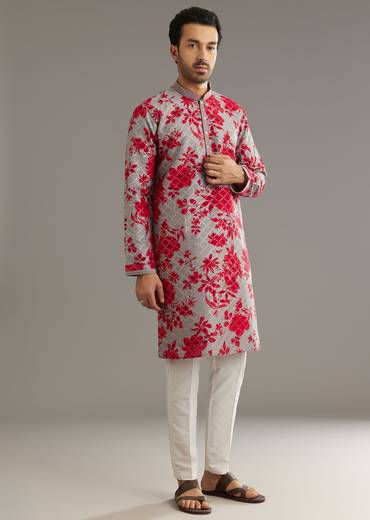 Red Silk Kurta Set With Stone Embellishment