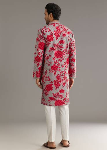 Red Silk Kurta Set With Stone Embellishment