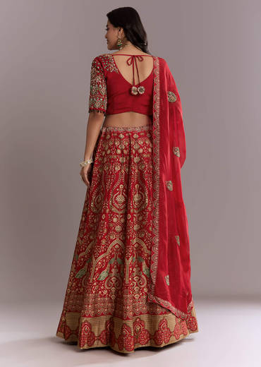 Red Silk Printed Bridesmaid Lehenga With Intricate Hand Embroidery