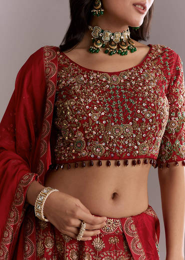 Red Silk Printed Bridesmaid Lehenga With Intricate Hand Embroidery
