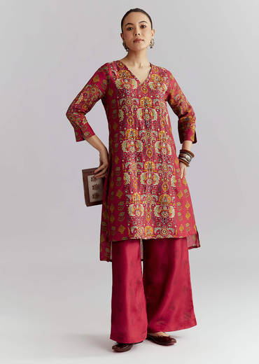 Red Silk Printed Co Ord Set With Heavy Embroidery