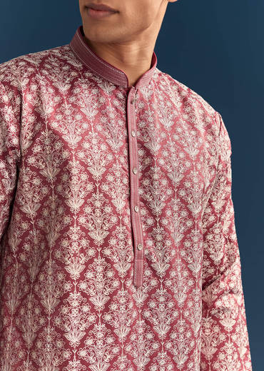 Red Silk Kurta Set For Men With Thread Embroidery