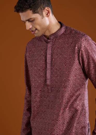 Red Silk Resham Embroidered Mens Kurta Pant Set