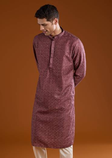 Red Silk Resham Embroidered Mens Kurta Pant Set