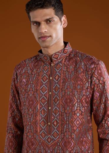 Red Silk Resham Motif Mens Kurta Pant Set
