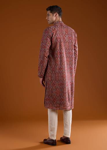 Red Silk Resham Motif Mens Kurta Pant Set