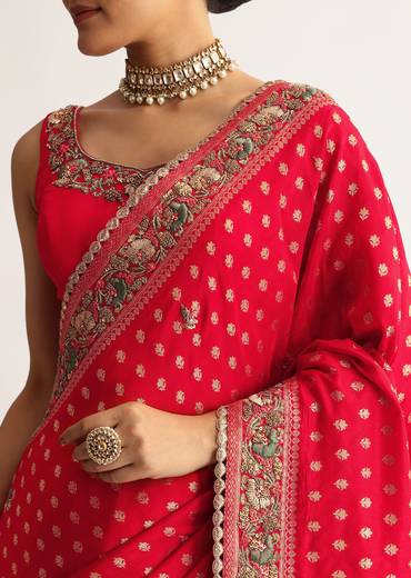 Red Silk Saree With Embroideed Border And Pallu