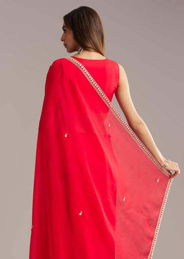 Red Silk Saree With Stone And Cutdana Embroidery