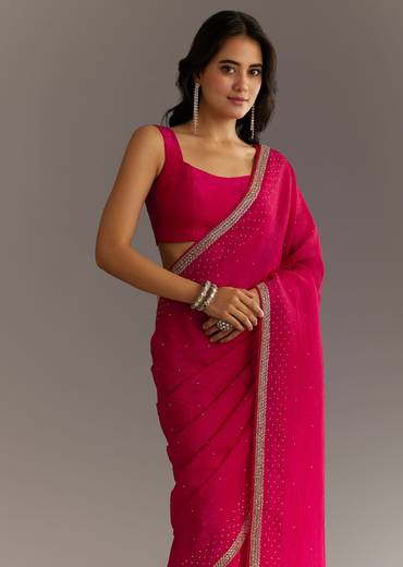 Red Stone Embellished Crushed Tissue Saree With Cutdana Embroidered Border