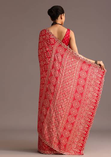 Red Traditional Ajrakh Print Satin Saree With Embellished Scallop Border And Unstitched Blouse