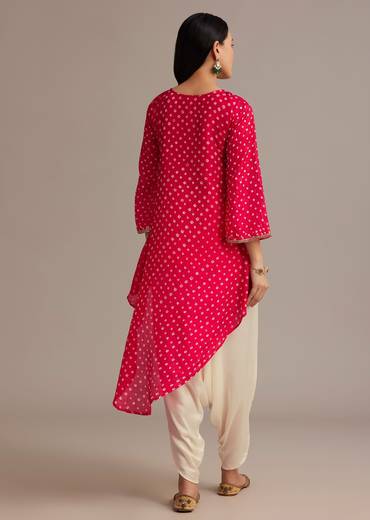Red Bandhani High Low Kurta Set With Dhoti