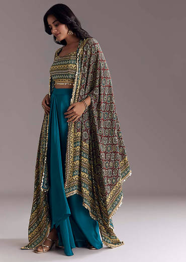 Royal Blue Printed Crop Top Skirt Set With Ajrakh Cape
