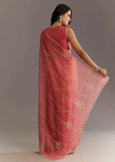 Rush Peach Crushed Tissue Saree With Scallop Embroidered Border