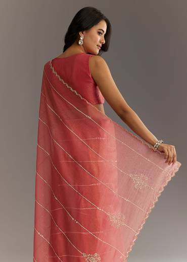 Rush Peach Crushed Tissue Saree With Scallop Embroidered Border