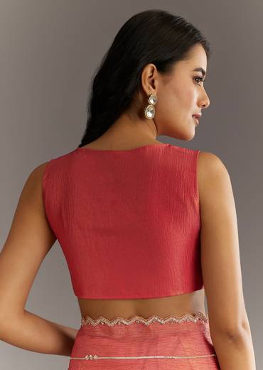 Rush Peach Crushed Tissue Saree With Scallop Embroidered Border