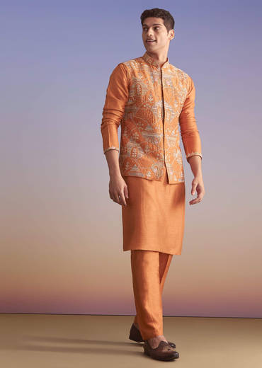 Rust Banarasi Silk Kurta Jacket Set For Men With Embroidery