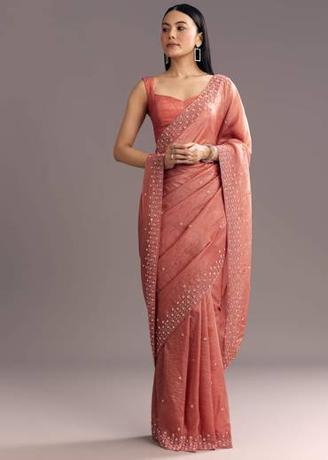 Rust Brown Crushed Tissue Cutdana And Sequin Embroidered Saree