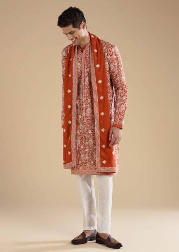 Rust Embroidered Silk Kurta Set with Dupatta